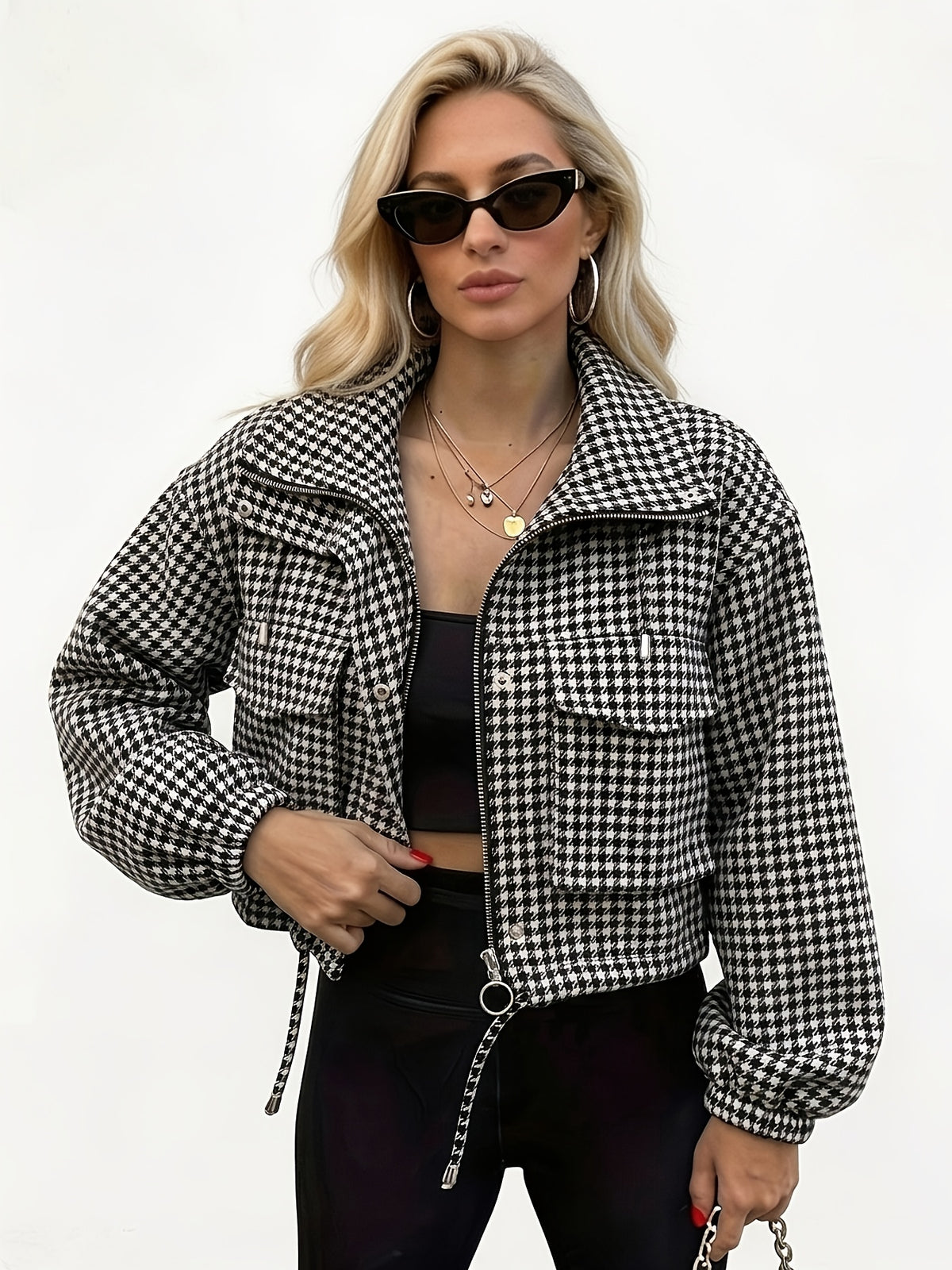 Houndstooth drawstring jacket, size and measurement chart