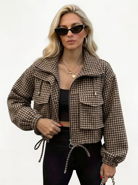 Houndstooth drawstring jacket with lapel collar