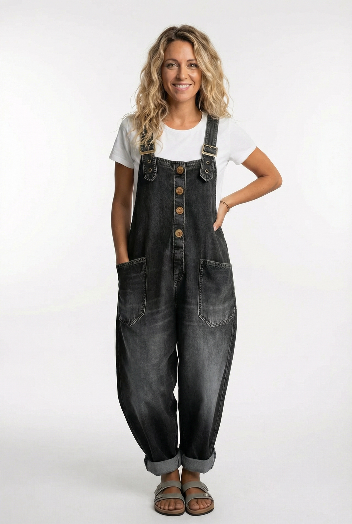 Women's denim overalls jumpsuit, styled view