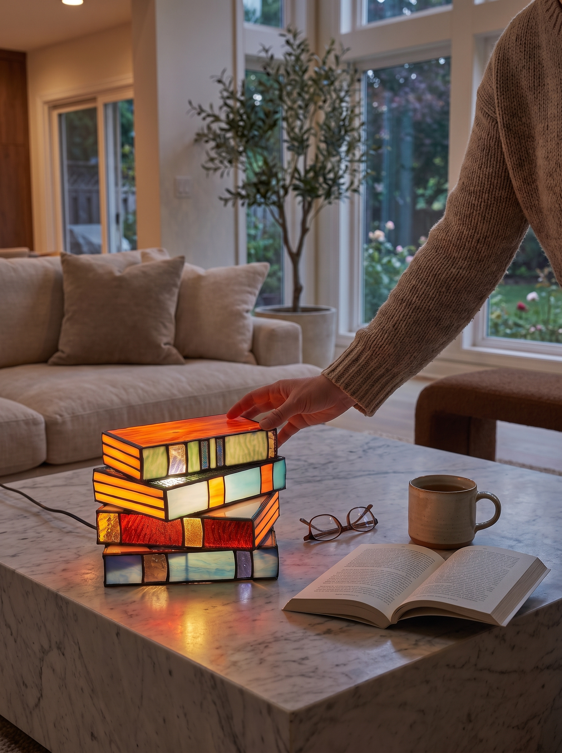 Stained Glass Book Lamp open on a bedside table, lifestyle scene