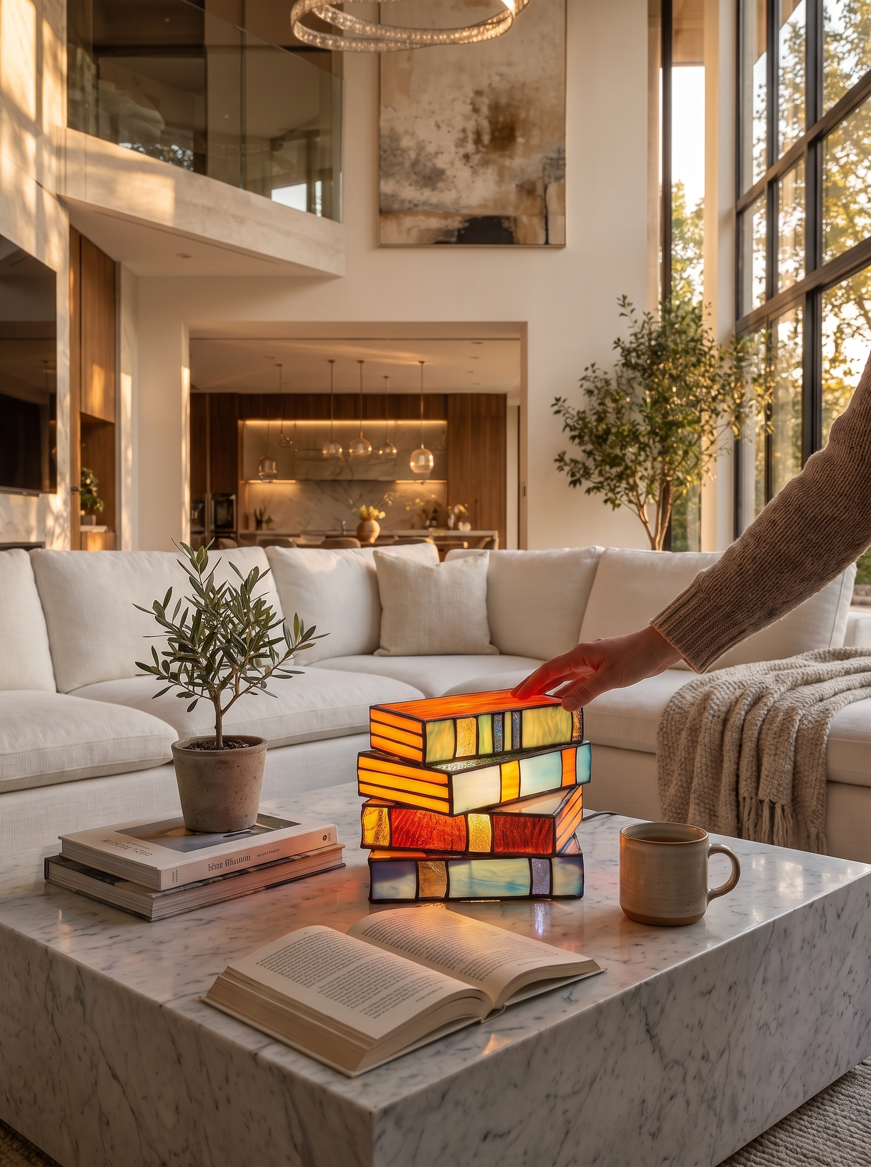 Stained Glass Book Lamp glowing warmly, USB rechargeable
