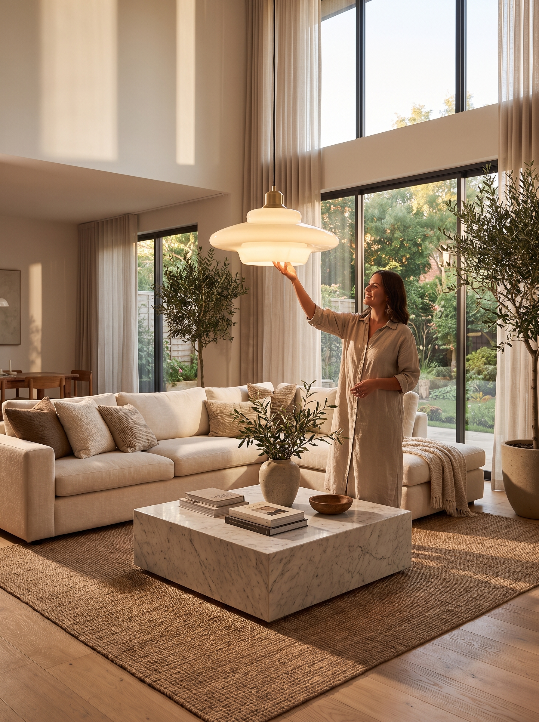 White Glass Pendant Light lifestyle - mid century room