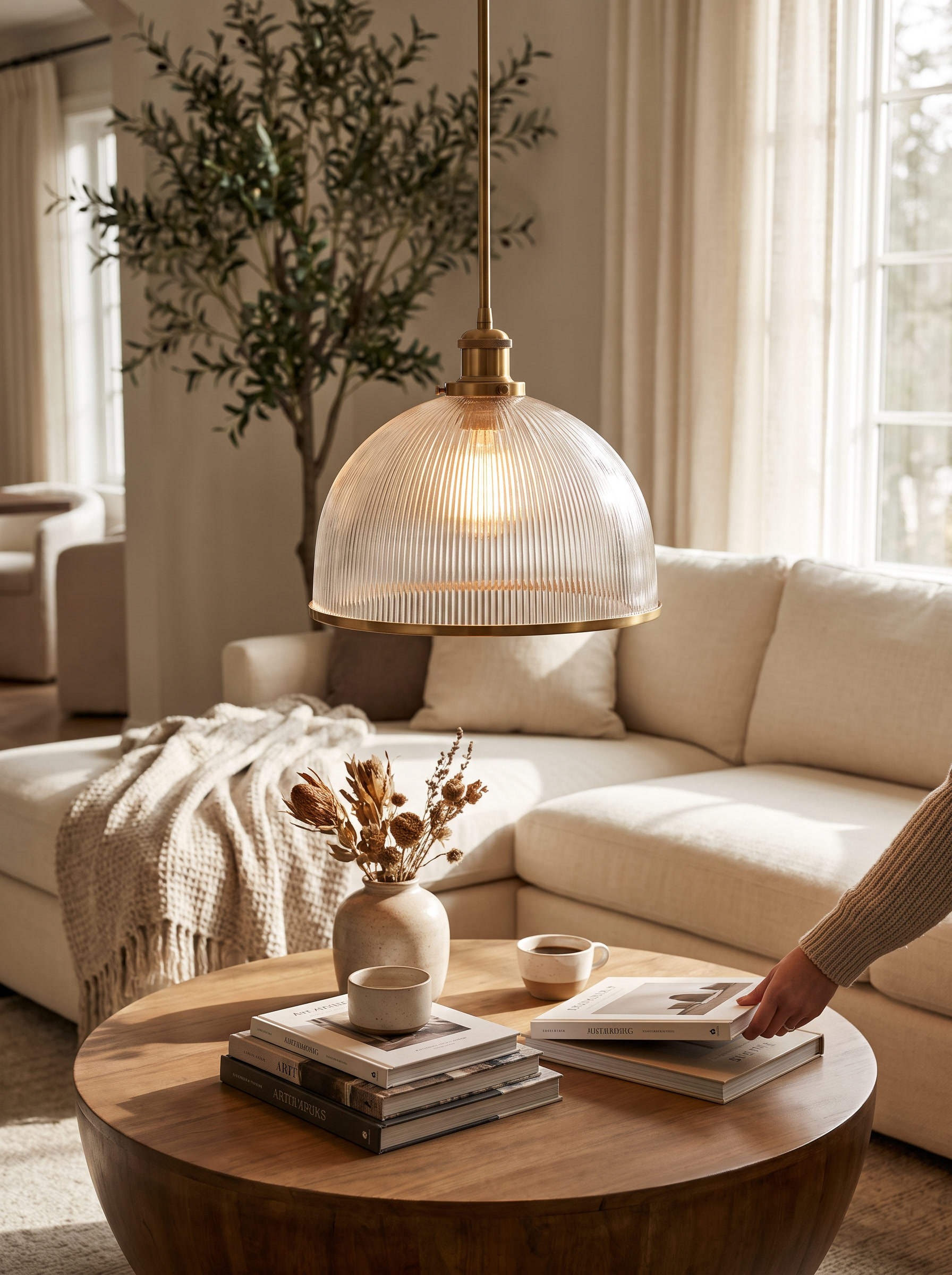 Striped Glass Pendant Light brass collar and ribbed glass shade