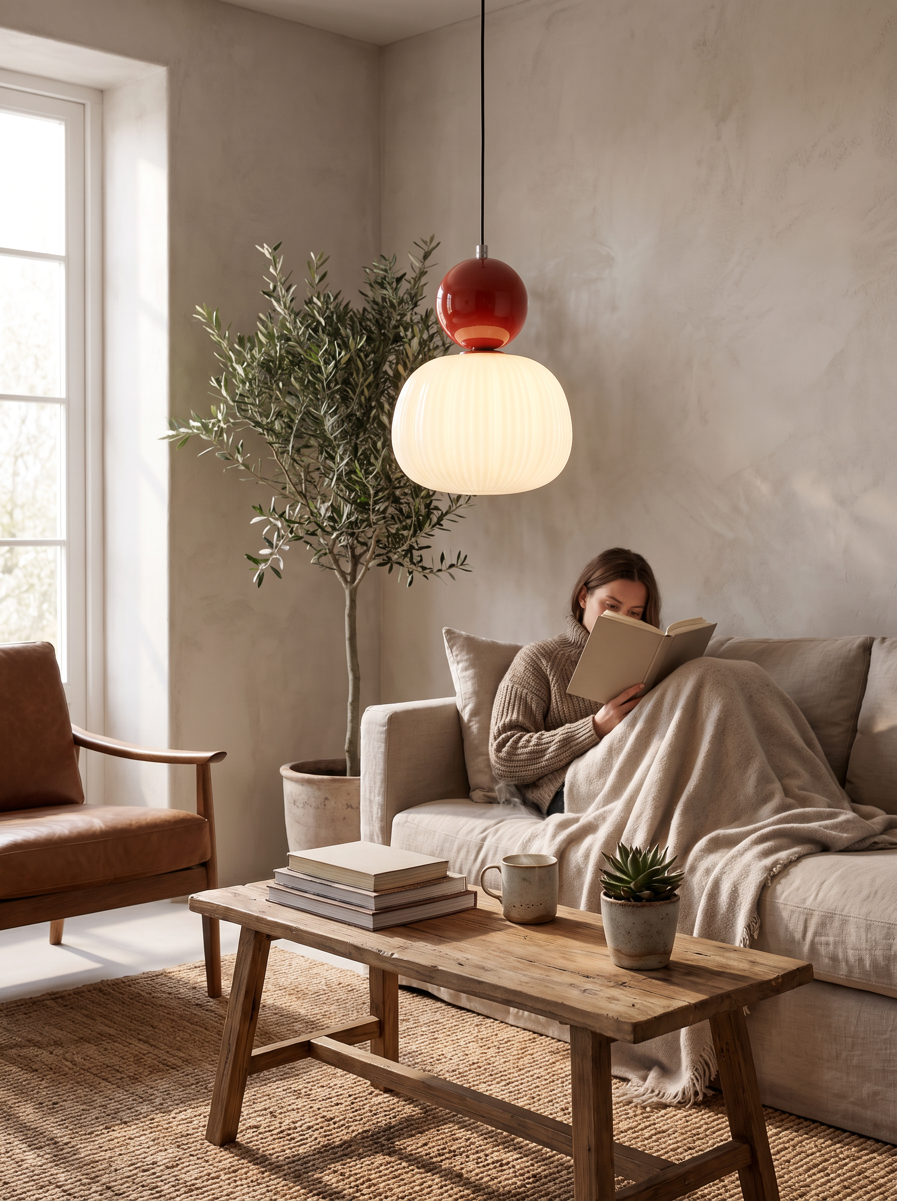 Nordic Pumpkin Pendant Light ribbed shade close up