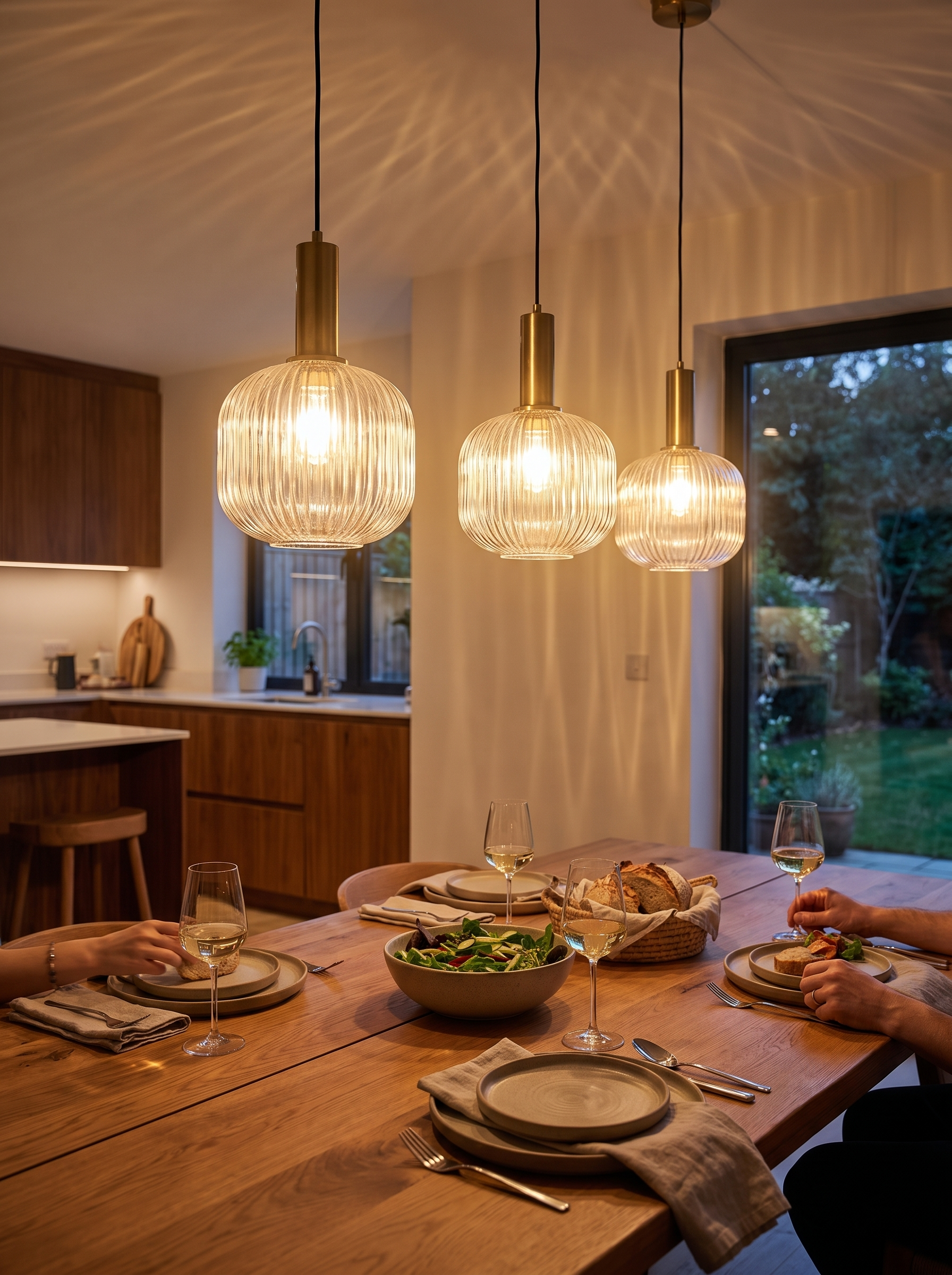 Striped Glass Pendant Light casting patterned light on a wall
