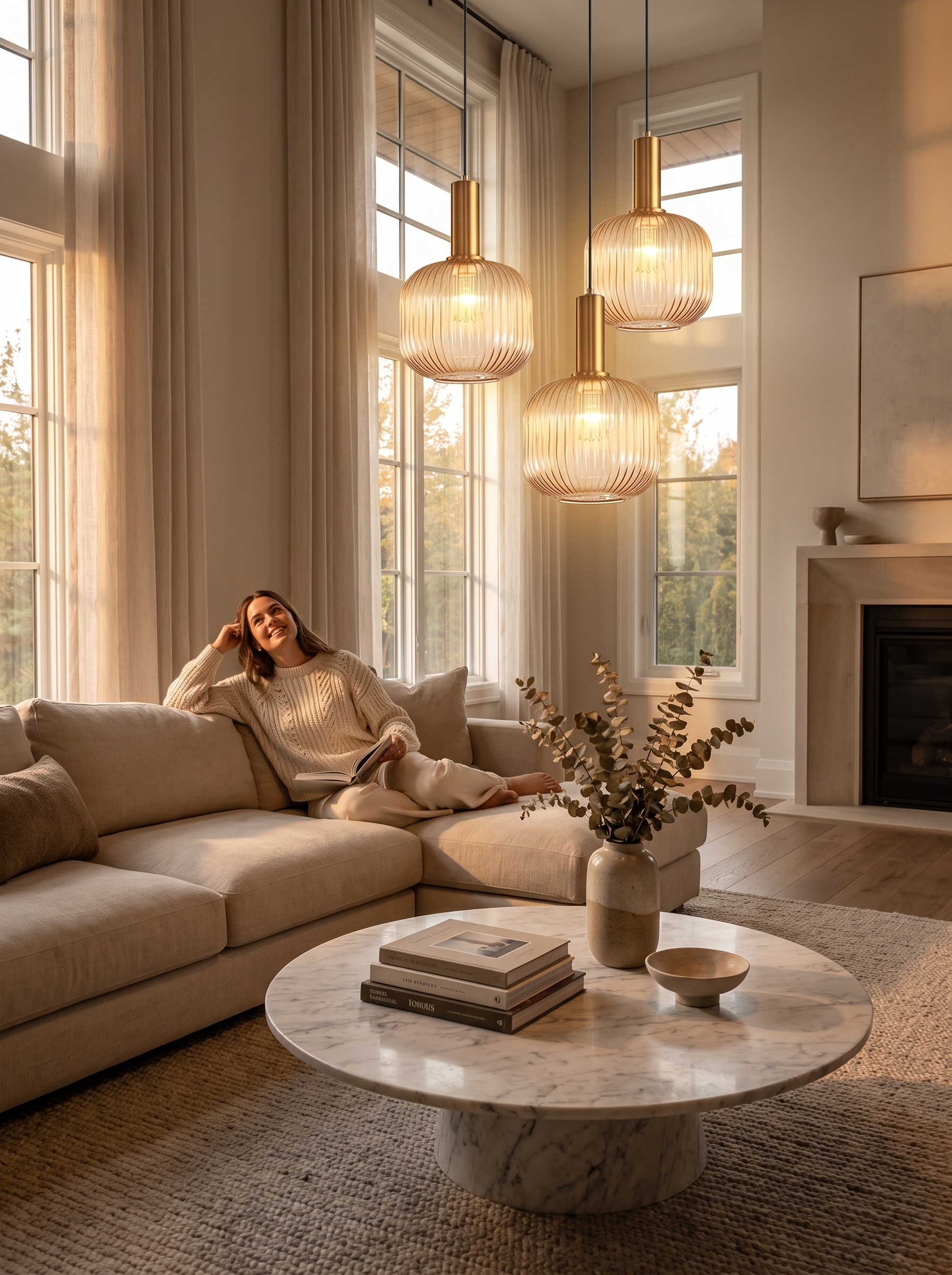 Striped Glass Pendant Light over a reading chair
