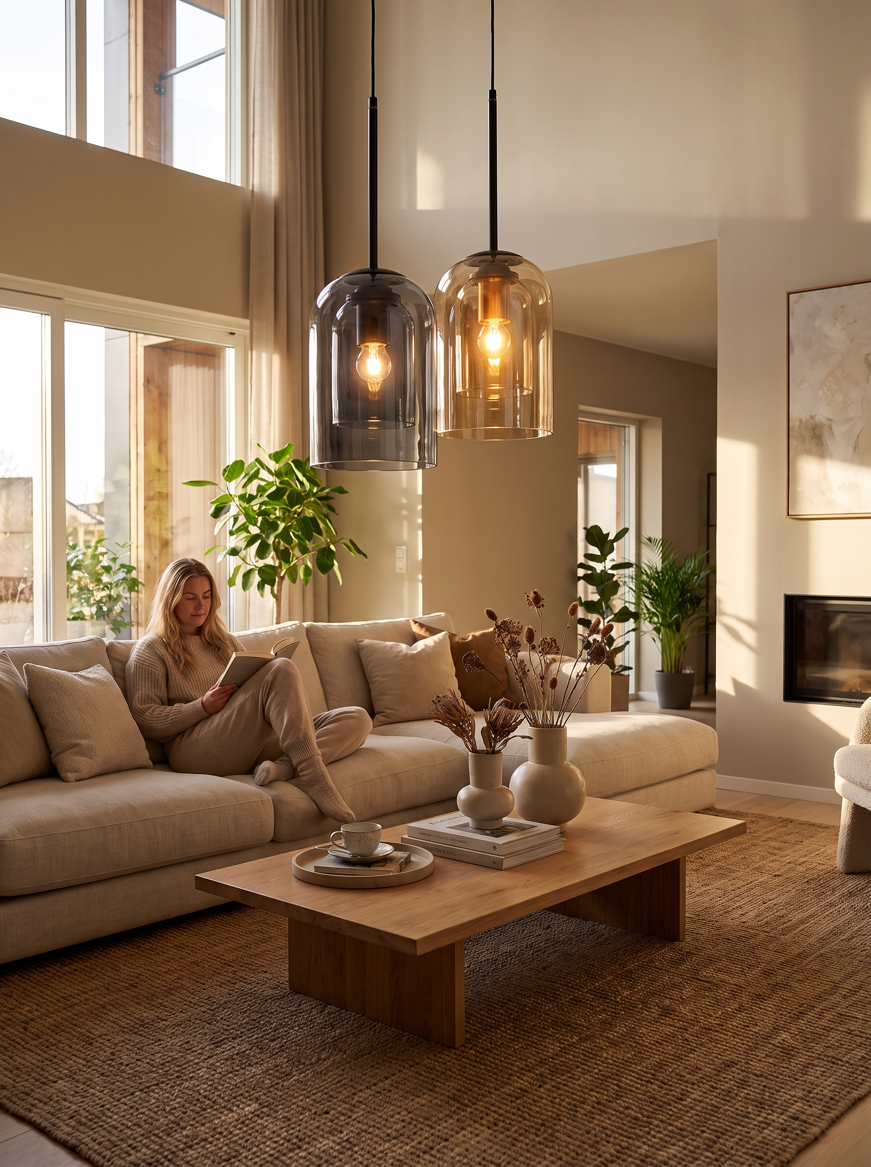 Nordic Glass Pendant Lamp glowing over a hallway table