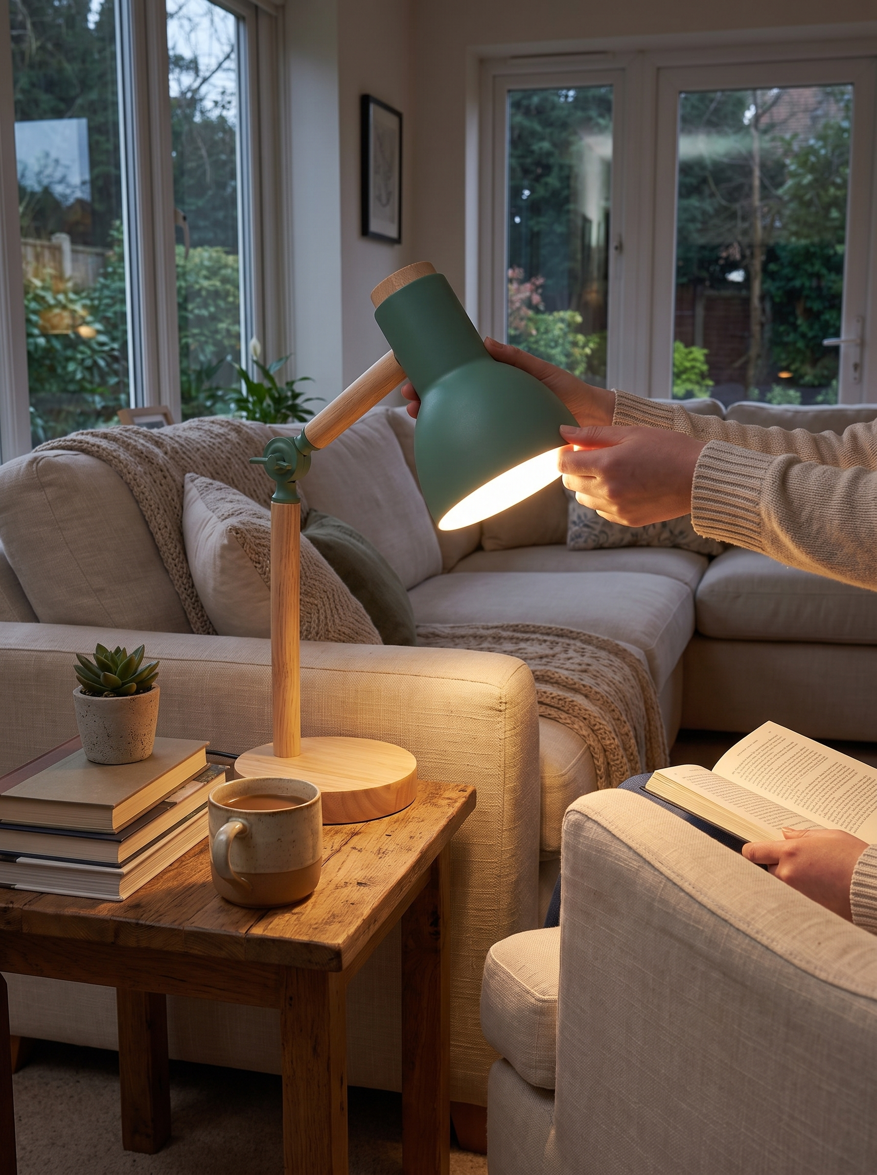 Nordic Wooden Desk Lamp arm and shade adjusted toward work