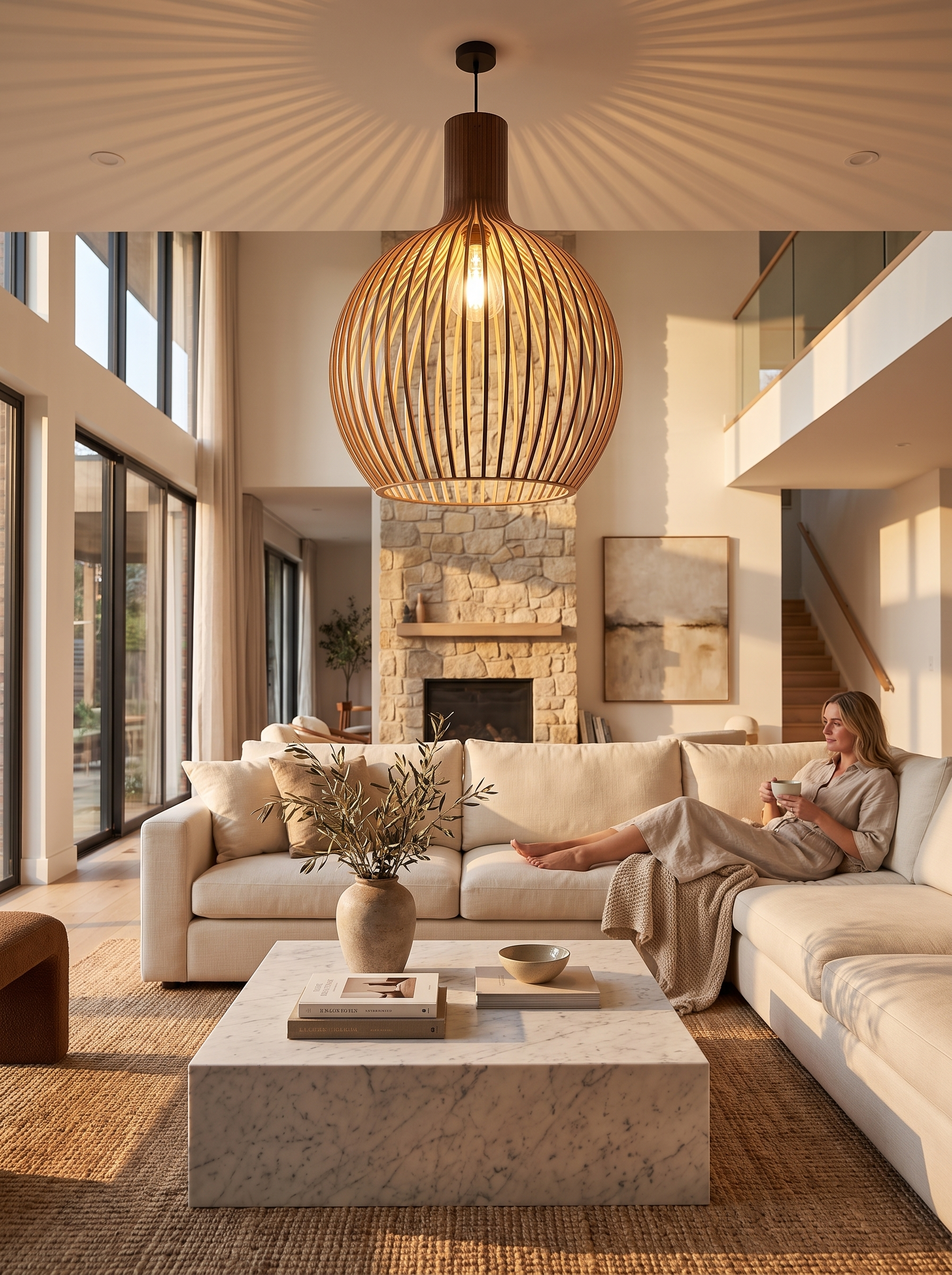 Handcrafted Wooden Pendant Light shade drawing with light