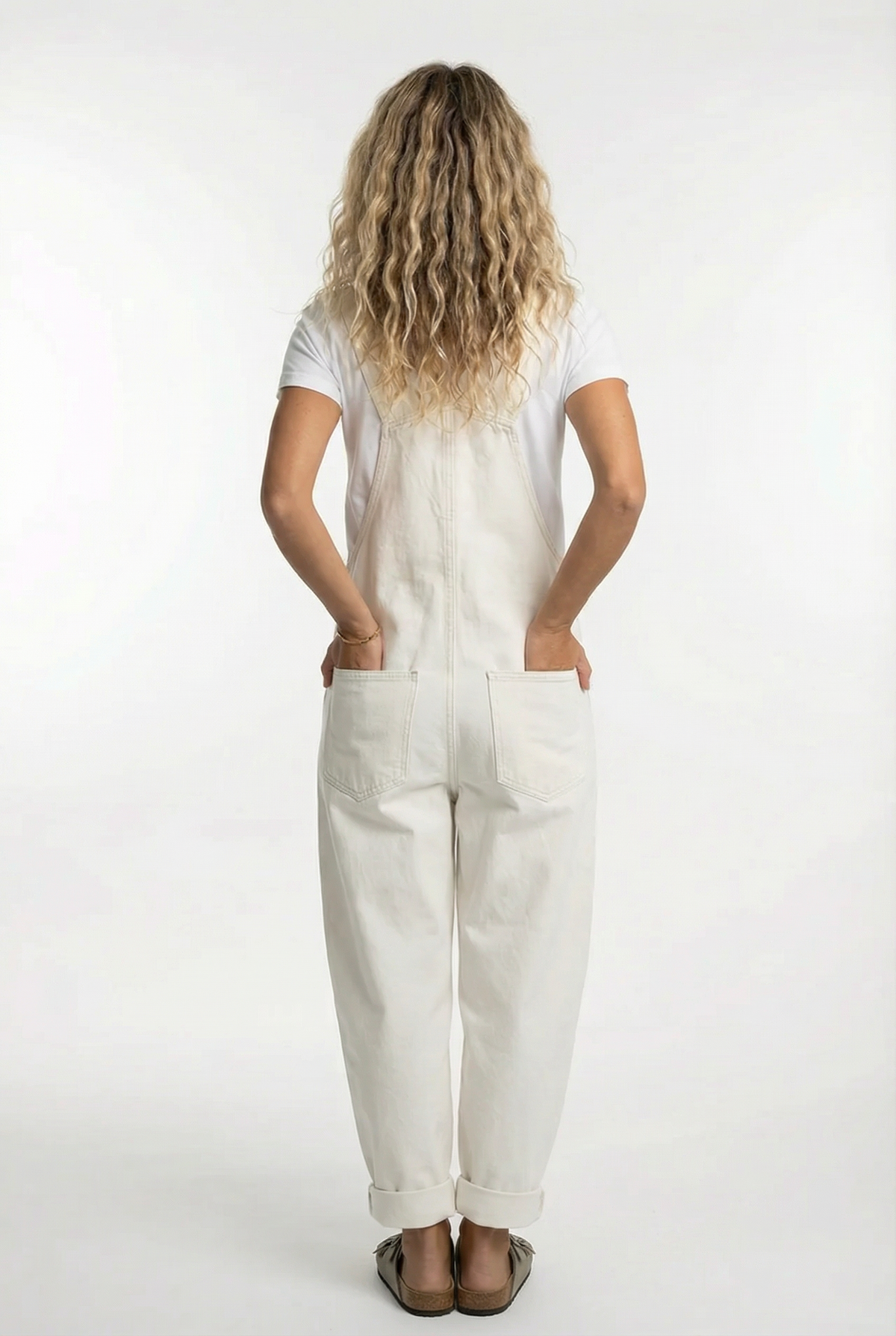Women's denim overalls jumpsuit, full length view