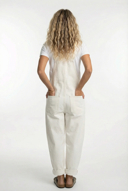 Women's denim overalls jumpsuit, full length view